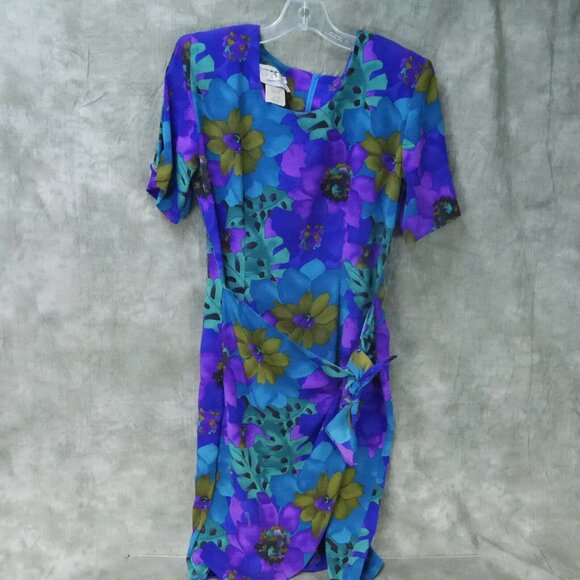 EUC Tess Dress Petite Floral A-Line Dress Vintage Peplum Tie Size 8P S-8817 - Picture 1 of 12